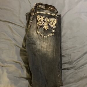 Grace in LA Boot Cut Jeans - Dark Blue with Beige Embroidery